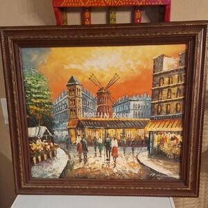Vintage Moulin Rouge Hand Painted Signed Artwork In Wooden Frame